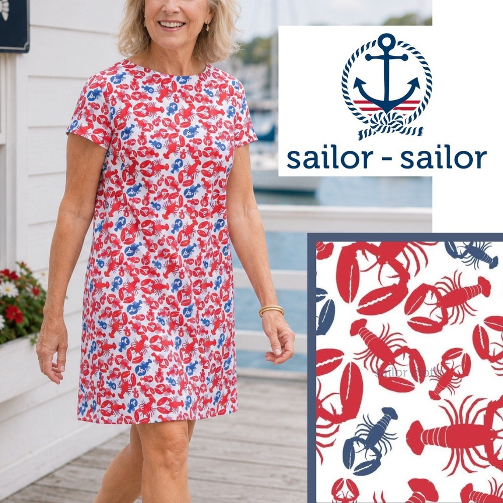 Sailor Sailor, Marina Dress Lobster Dance Red Blue White Shift Dress Size Large